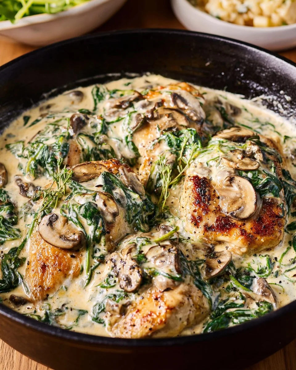 Creamy garlic pork chops served on a plate with herbs and spices.