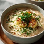 Bowl of creamy roasted cauliflower soup topped with herbs and spices.