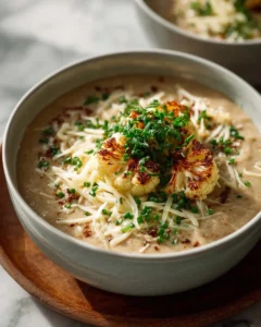 Bowl of creamy roasted cauliflower soup topped with herbs and spices.