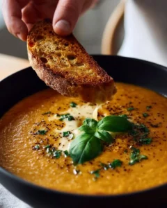 Bowl of creamy roasted veggie soup garnished with fresh herbs.