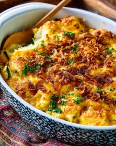 Creamy squash and corn casserole dish garnished and ready to serve