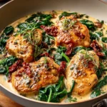 Delicious creamy Tuscan chicken served on a plate with herbs and vegetables