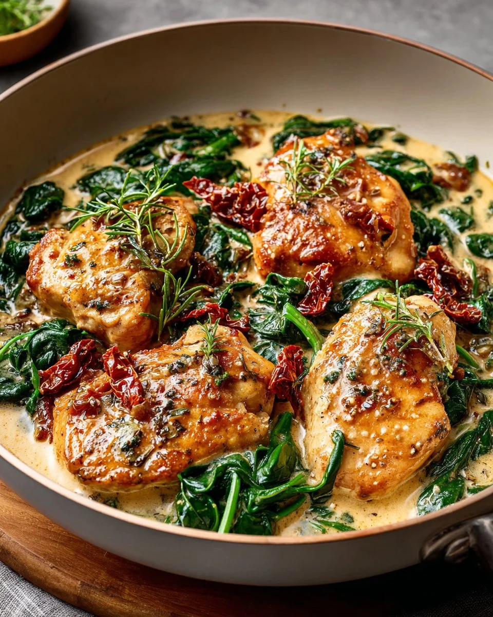 Delicious creamy Tuscan chicken served on a plate with herbs and vegetables