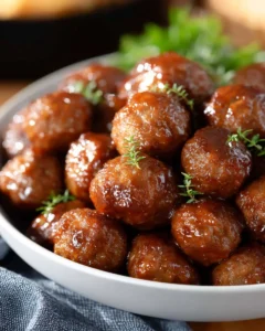Crockpot BBQ meatballs served on a platter with sauce.
