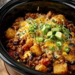 Delicious Crockpot beef taco casserole topped with cheese and fresh ingredients