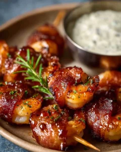 Delicious easy bacon wrapped shrimp appetizers served on a platter