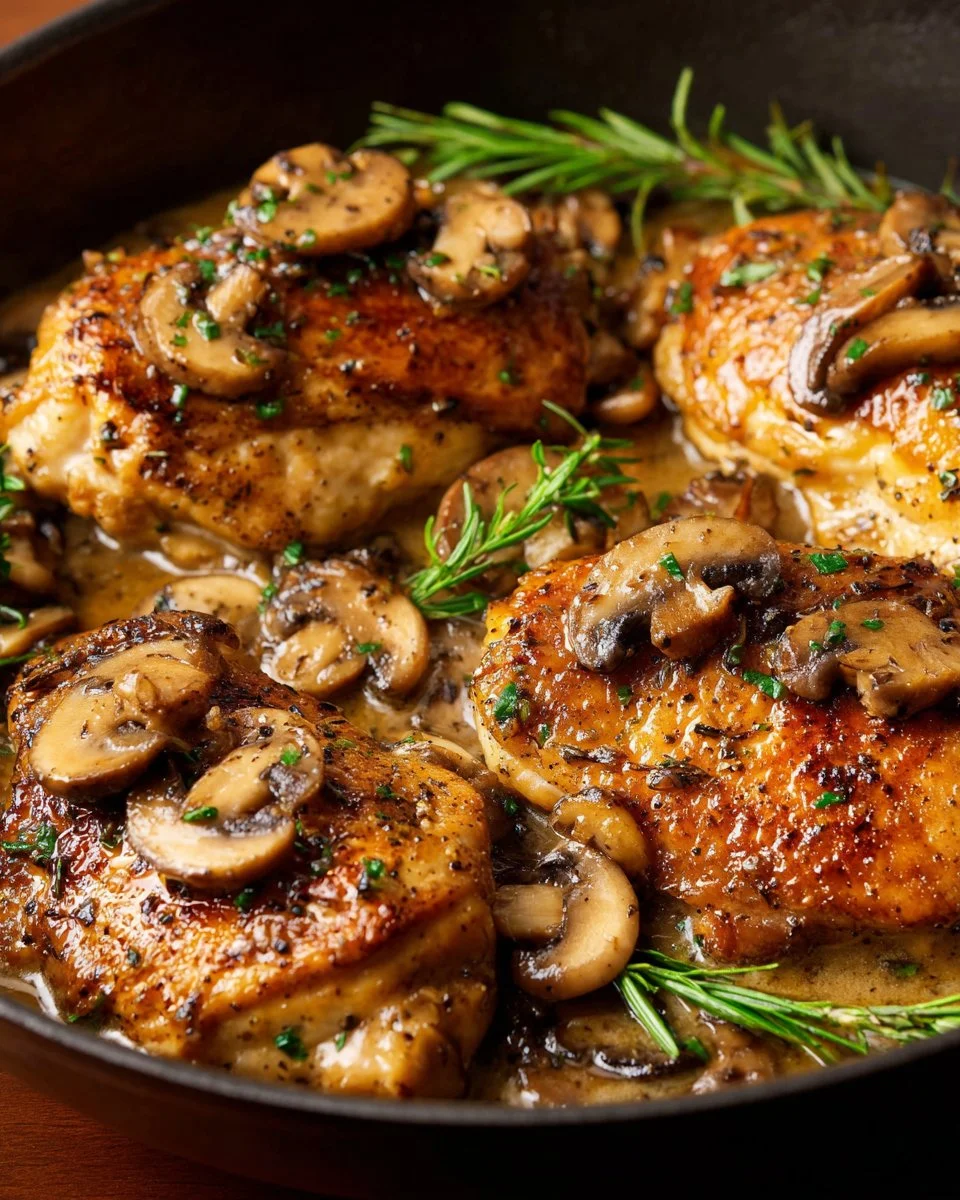 Plate of easy Chicken Marsala with mushrooms and a rich wine sauce