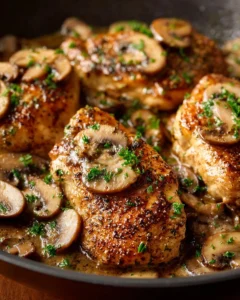 Deliciously cooked Chicken Marsala plated with mushrooms and sauce