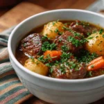 Bowl of easy slow cooker beef stew with vegetables and herbs