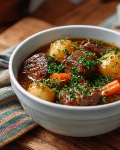 Bowl of easy slow cooker beef stew with vegetables and herbs