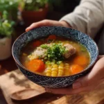 Bowl of easy vegetable soup with fresh vegetables and herbs