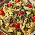 Delicious vegetarian penne pasta served in a bowl with fresh vegetables