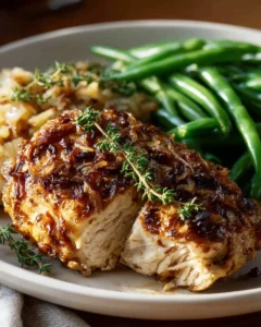 French Onion Chicken Bake topped with melted cheese and caramelized onions