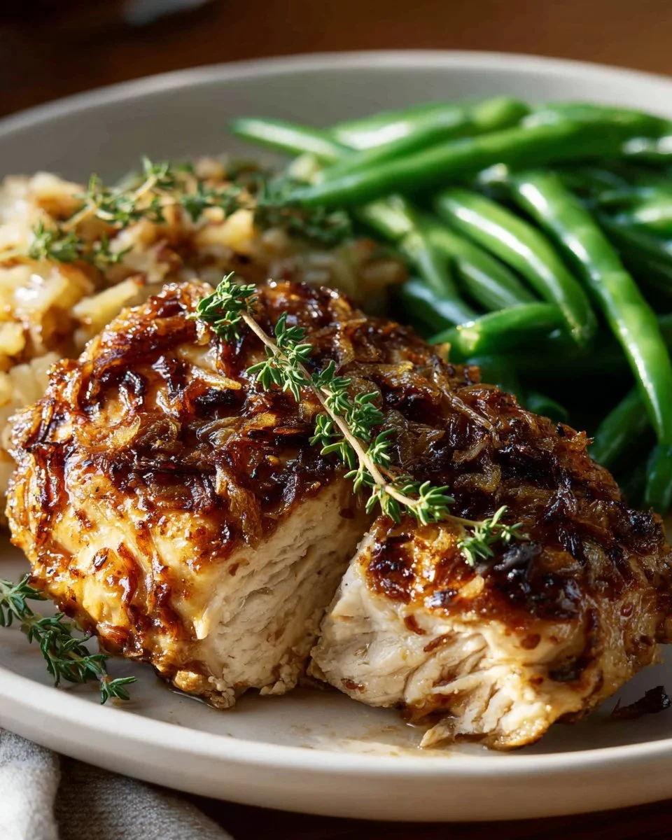 French Onion Chicken Bake topped with melted cheese and caramelized onions