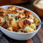 Delicious French Onion Soup Casserole topped with melted cheese and crispy bread