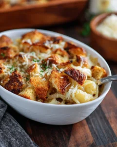 Delicious French Onion Soup Casserole topped with melted cheese and crispy bread