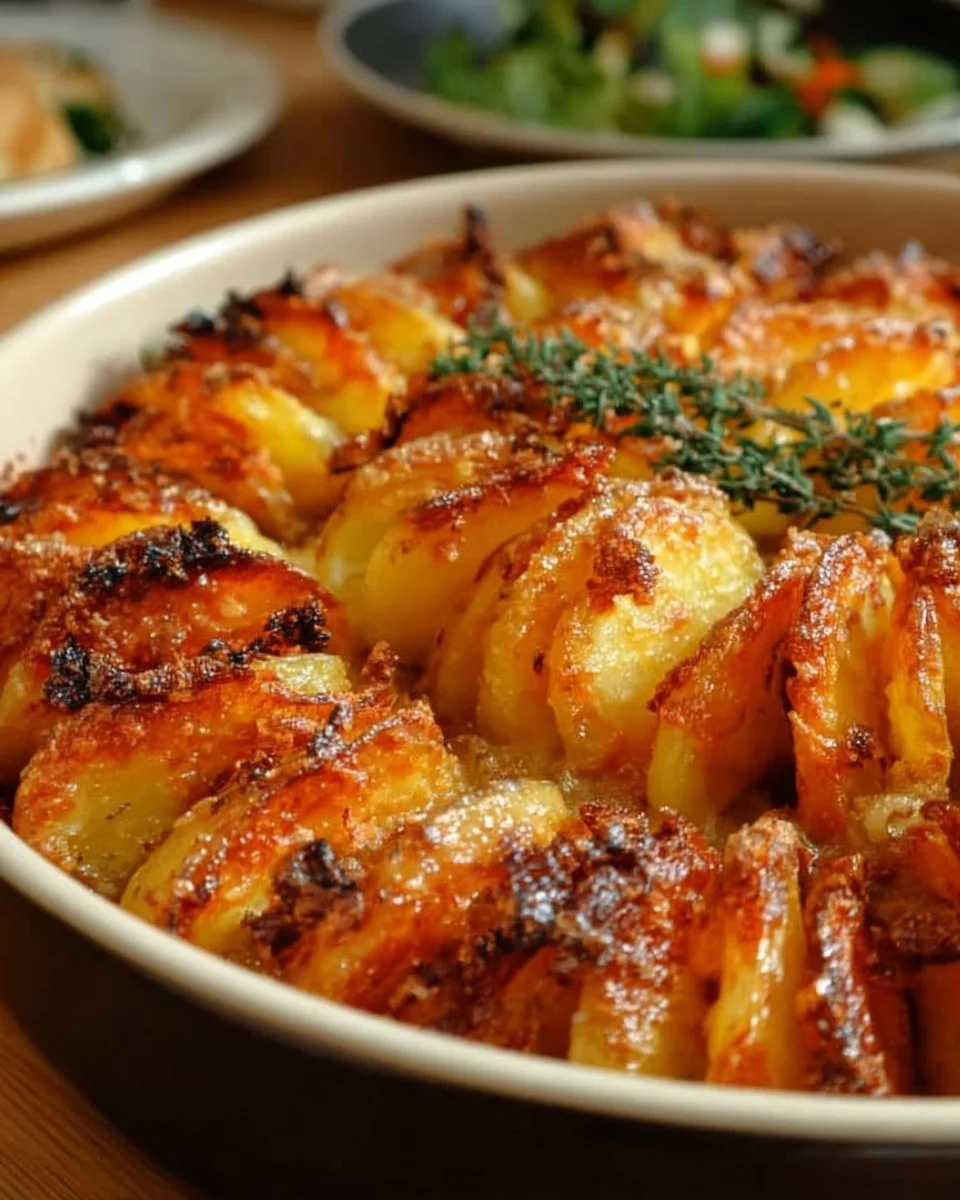 Bowl of Garlic Herb Potatoes and Squash garnished with fresh herbs