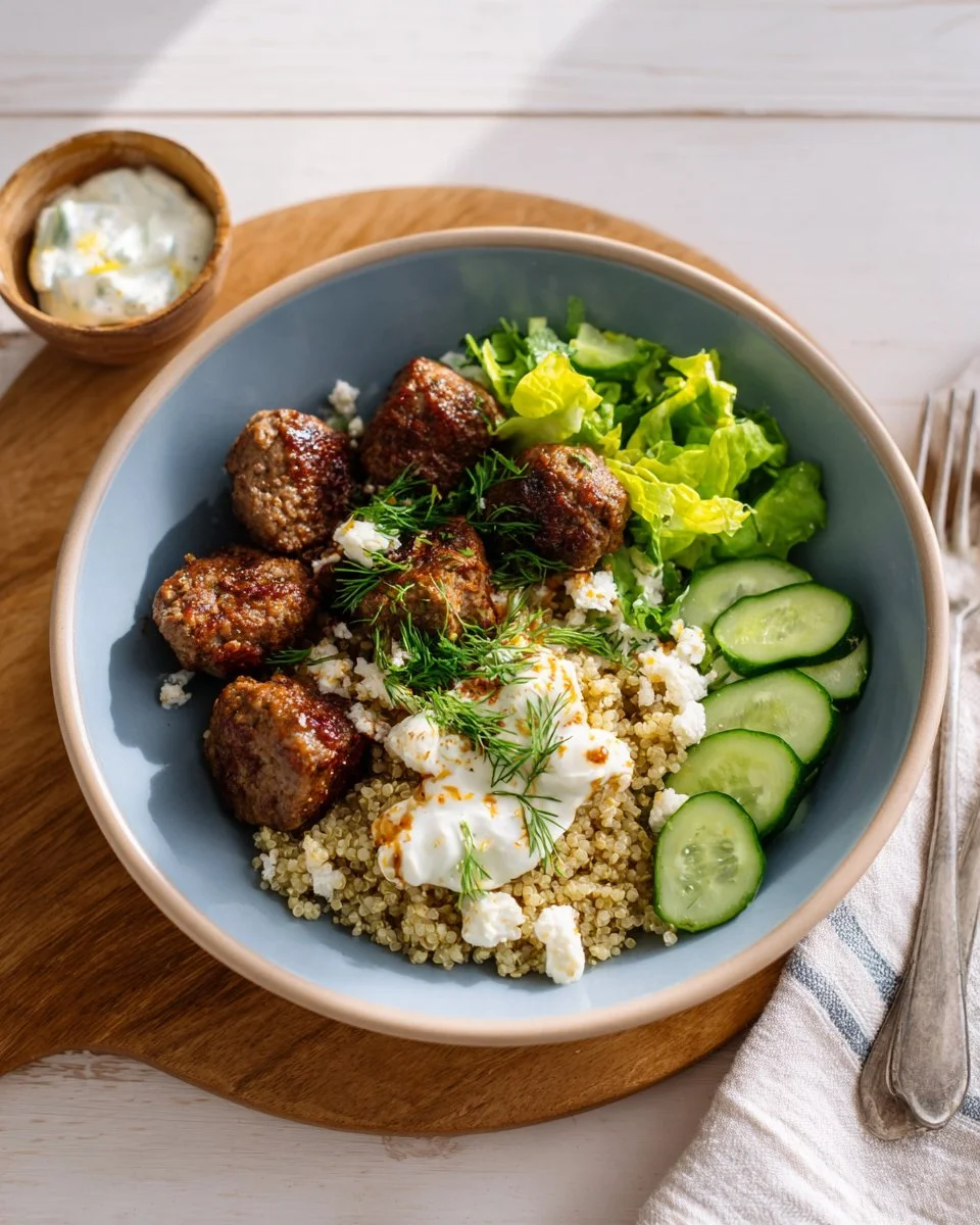 Greek Beef Kofta and Quinoa Bowl served with tzatziki sauce on top