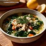 Bowl of Greek lemon chicken soup (avgolemono) garnished with lemon and herbs.