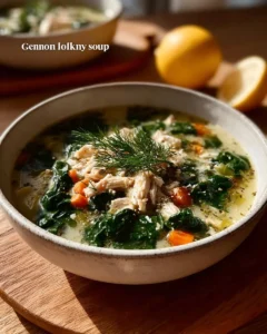 Bowl of Greek lemon chicken soup (avgolemono) garnished with lemon and herbs.