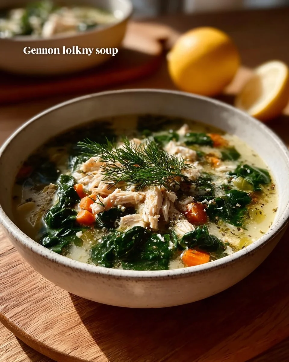 Bowl of Greek lemon chicken soup (avgolemono) garnished with lemon and herbs.