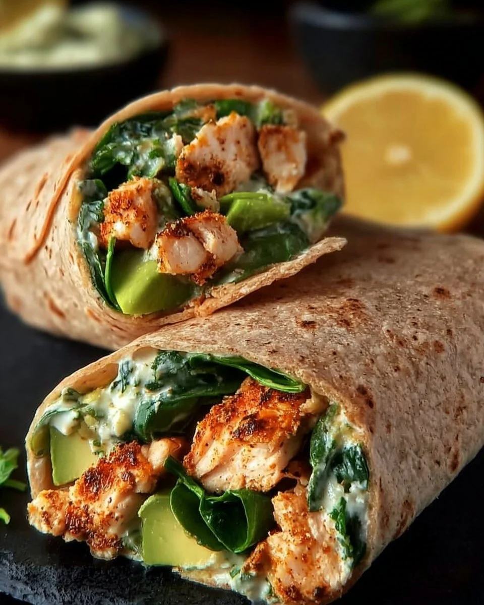 Grilled chicken avocado wrap with fresh ingredients and vibrant colors