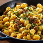 Delicious Hamburger Macaroni Skillet topped with cheese and herbs.