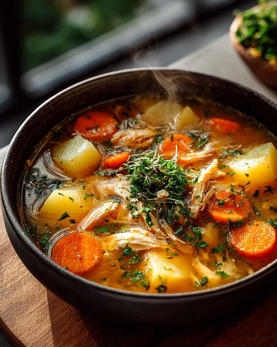 Bowl of healing Spanish Chicken Soup with fresh ingredients and herbs.