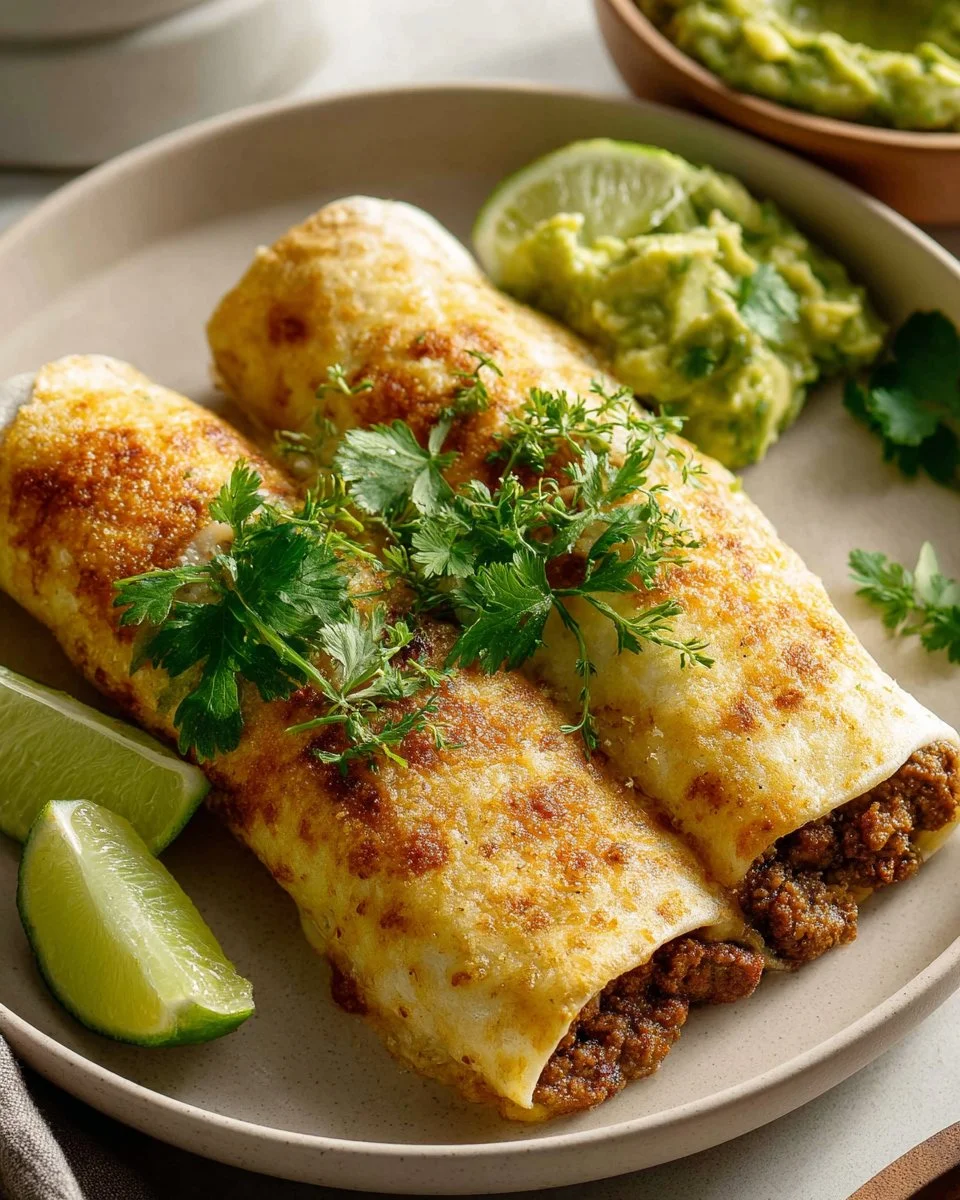 Plate of Healthy Green Chili Beef Enchiladas topped with fresh cilantro