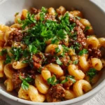 Delicious homemade beefaroni with pasta and beef in a savory sauce