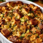 Bowl of homemade stuffing with herbs and spices ready for Thanksgiving dinner