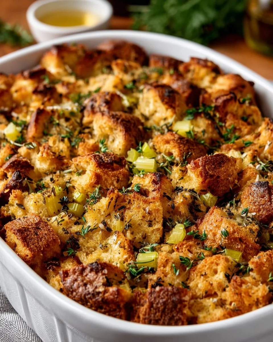 Bowl of homemade stuffing with herbs and spices ready for Thanksgiving dinner