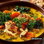 A bowl of immunity-boosting turmeric chicken soup with fresh herbs and spices