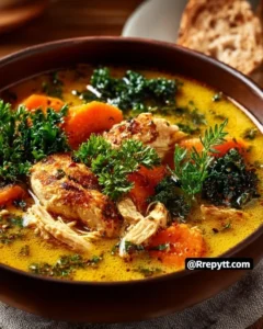 A bowl of immunity-boosting turmeric chicken soup with fresh herbs and spices