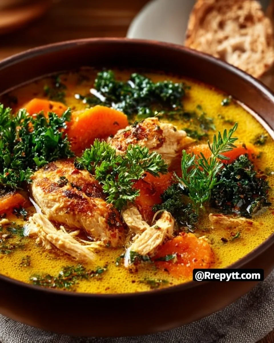 A bowl of immunity-boosting turmeric chicken soup with fresh herbs and spices