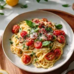 Lemon pasta with fresh tomatoes and basil served in a bowl