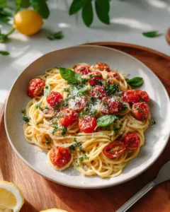 Lemon pasta with fresh tomatoes and basil served in a bowl