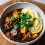 A delicious bowl of Moroccan beef tagine garnished with herbs and served with couscous.