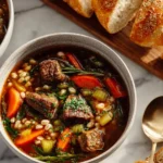 Delicious Old Fashioned Beef Barley Stew in a rustic bowl with herbs