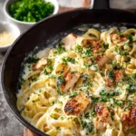 One Pot Chicken Alfredo Pasta dish featuring creamy sauce and grilled chicken.