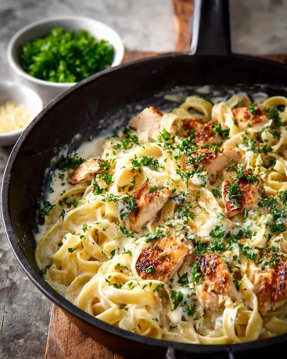 One Pot Chicken Alfredo Pasta dish featuring creamy sauce and grilled chicken.