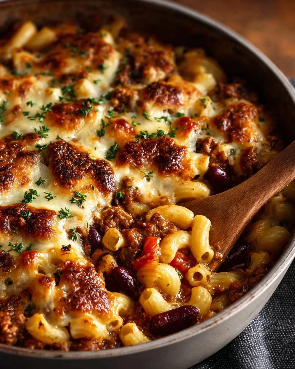 Delicious bowl of one pot chili mac and cheese topped with cheese and herbs