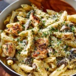 One-Pot Creamy Chicken and Mushroom Pasta with herbs and seasoning