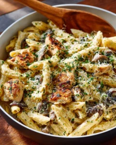 One-Pot Creamy Chicken and Mushroom Pasta with herbs and seasoning