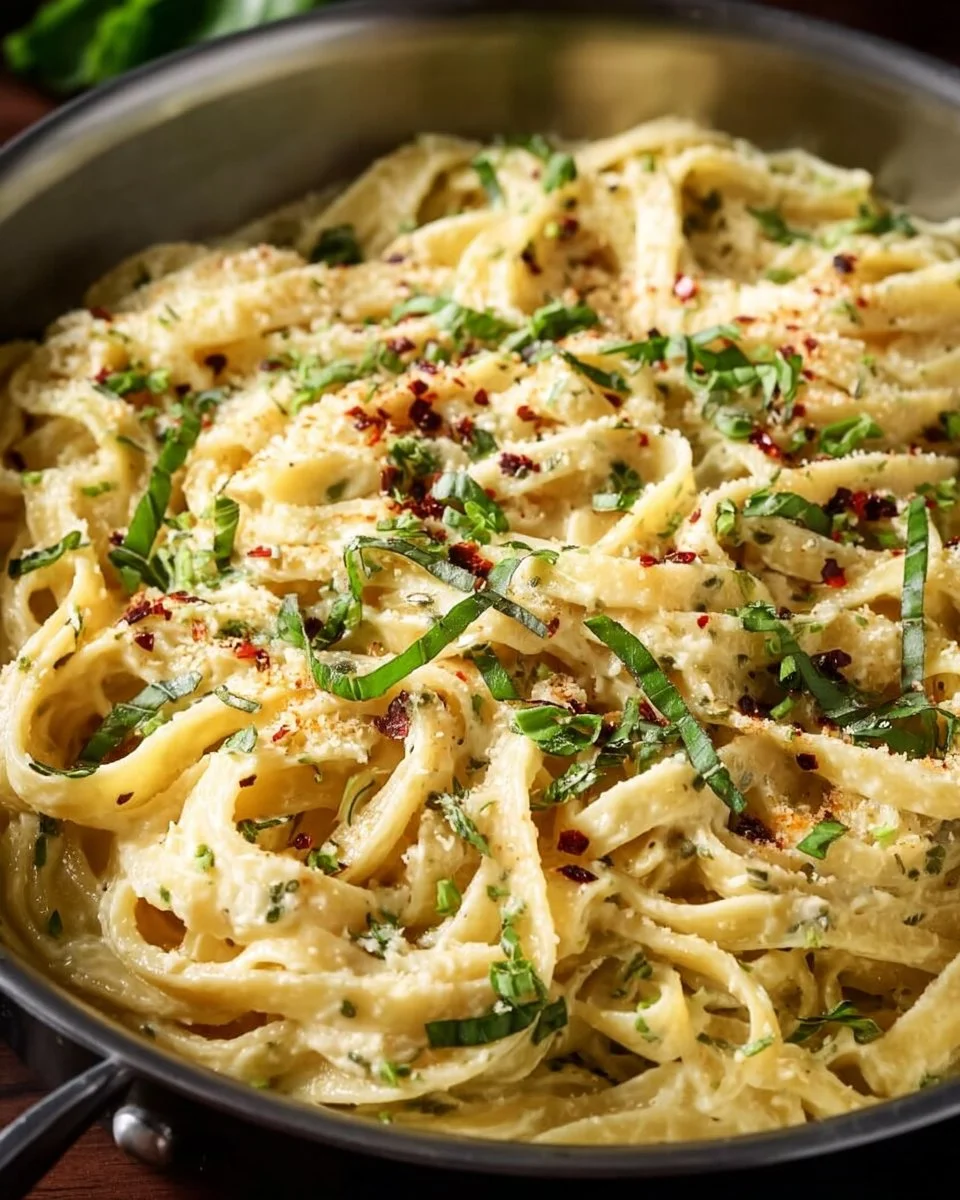 One Pot Creamy Garlic Pasta dish ready to serve, featuring garlic and creamy sauce.