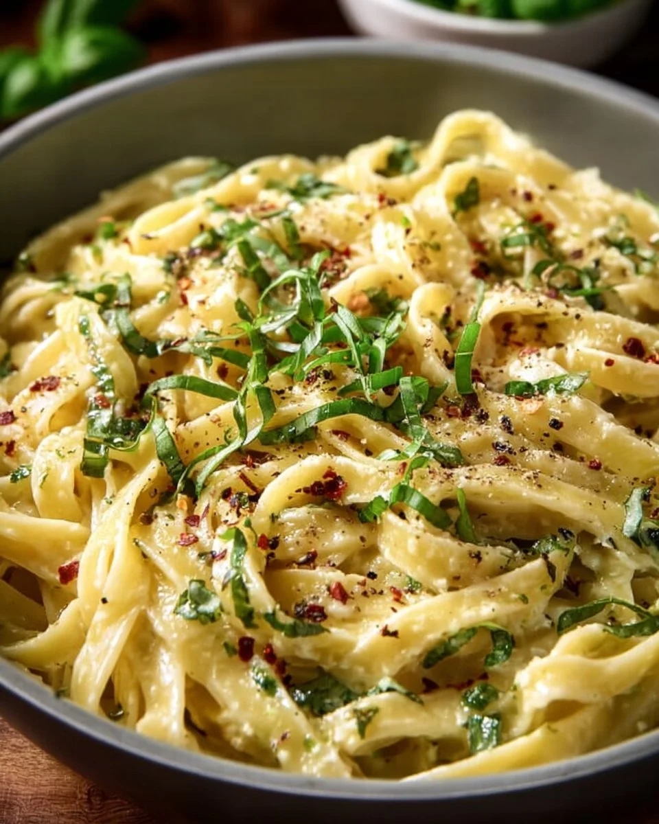 One Pot Creamy Garlic Pasta served with fresh herbs and garlic.