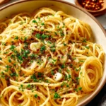 One Pot Spaghetti with Garlic and Oil served in a bowl