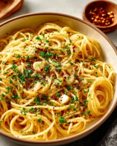 One Pot Spaghetti with Garlic and Oil served in a bowl