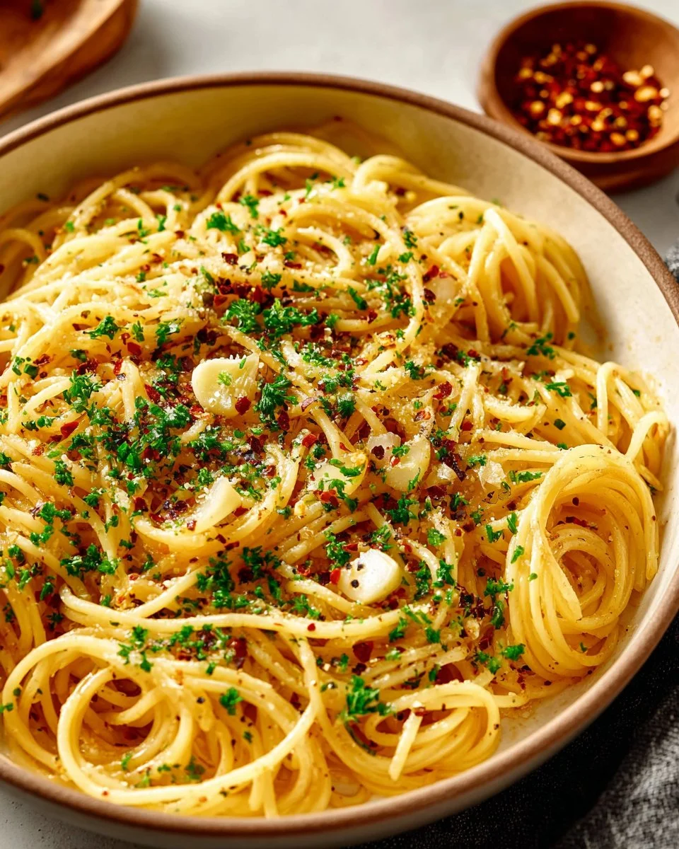 One Pot Spaghetti with Garlic and Oil served in a bowl