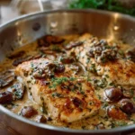 One Skillet Chicken with Garlicky Mushroom Cream Sauce served on a plate